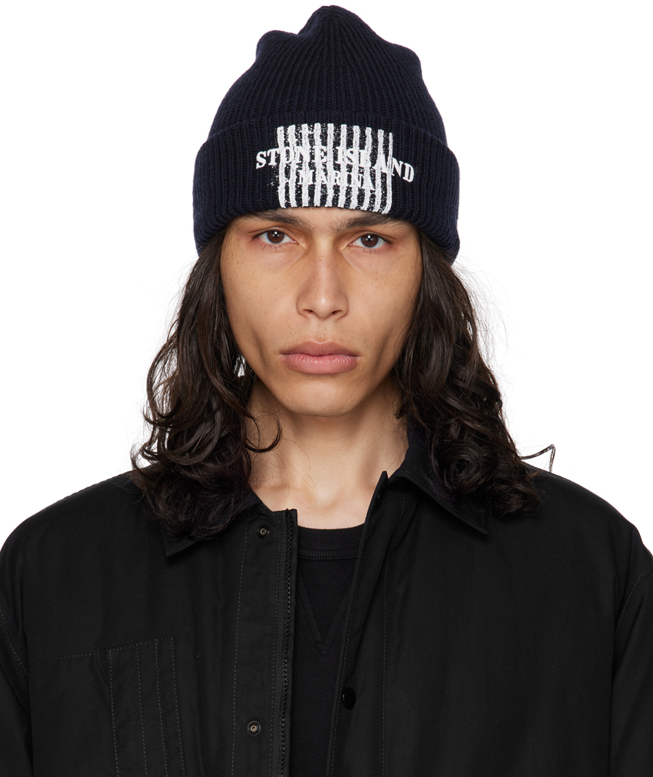 Navy Painted Beanie by Stone Island on Sale