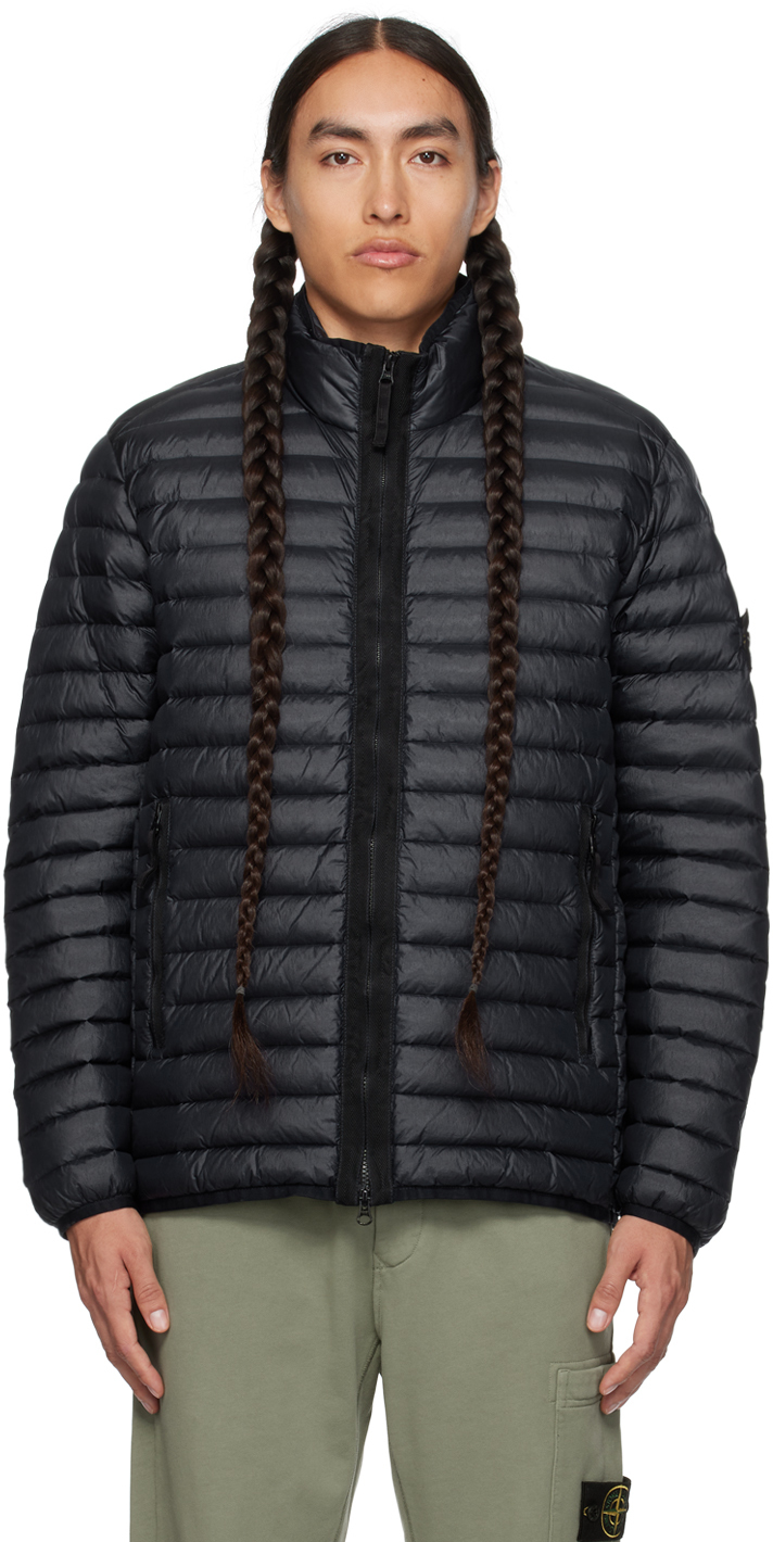 Stone Island Packable Down Hooded Jacket In Recycled Nylon In Black  