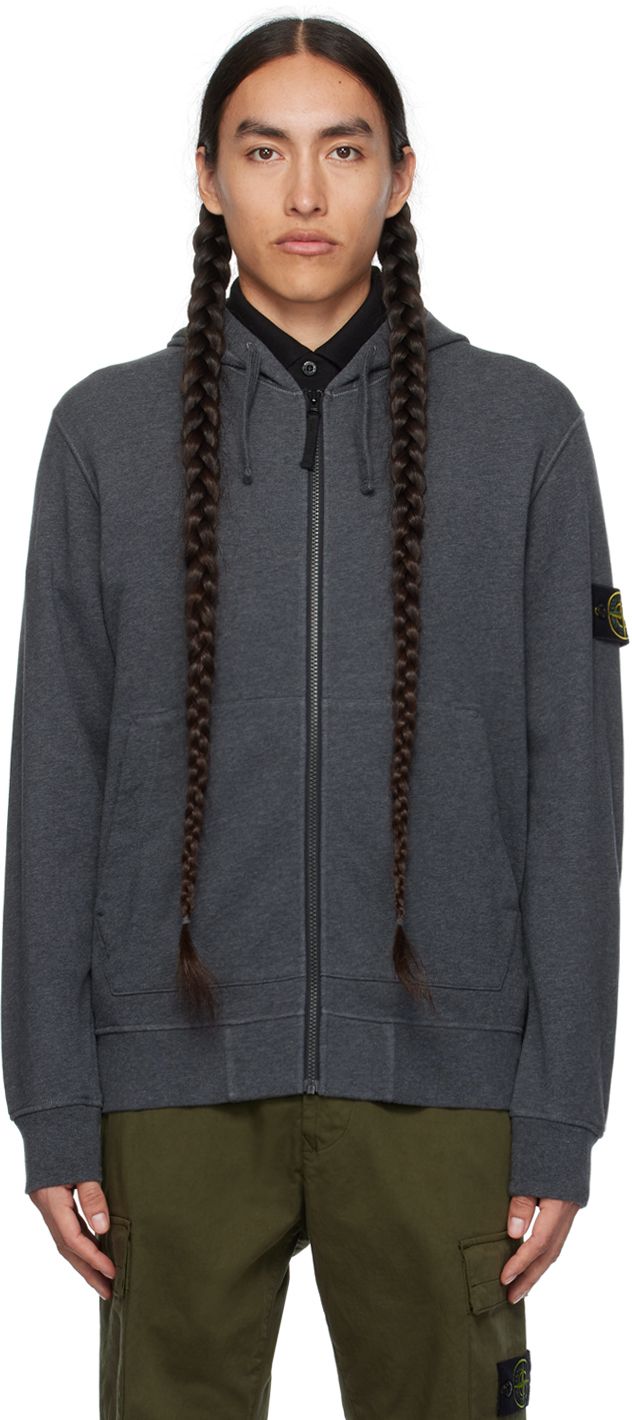 Shop Stone Island Gray Zip Hoodie In V0m67 Mel. Dark Grey