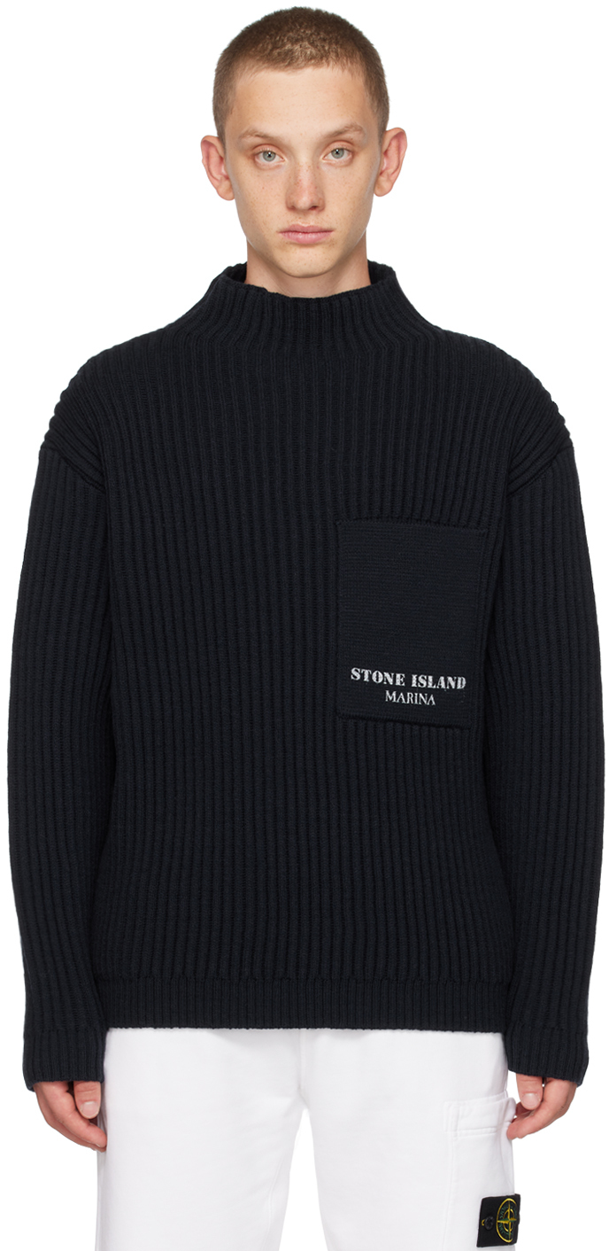 Navy Printed Turtleneck by Stone Island on Sale