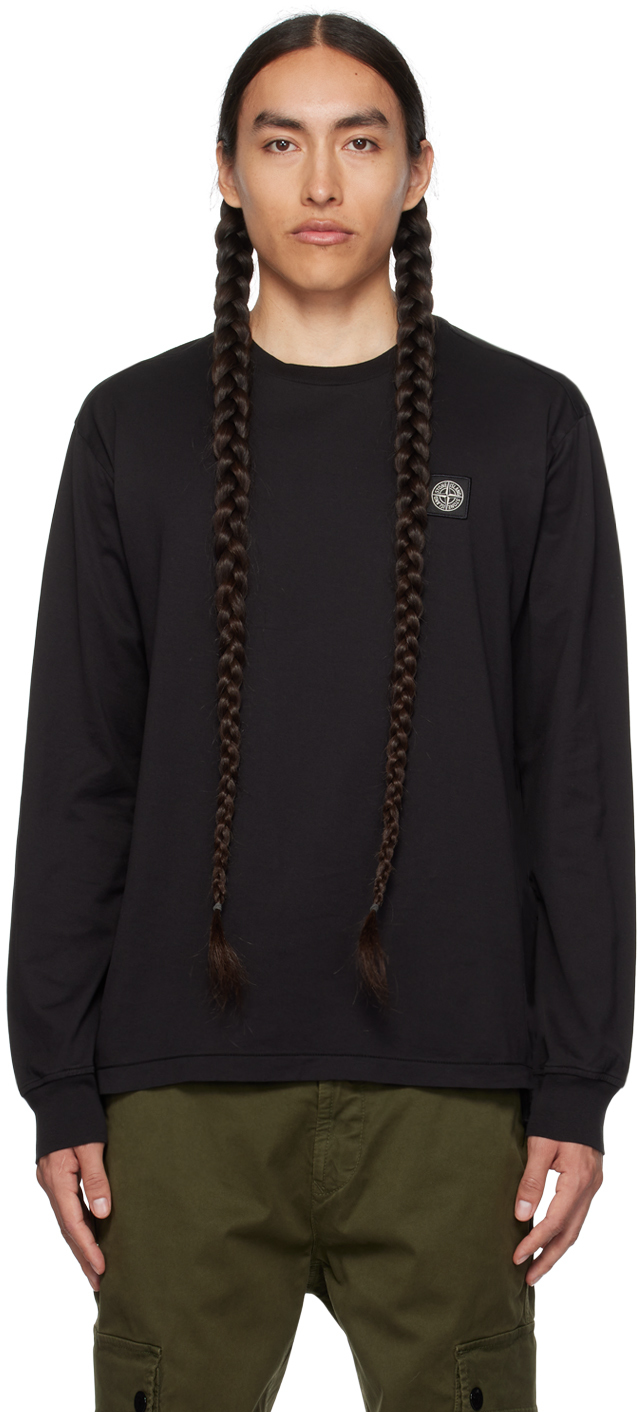 Shop Stone Island Black Patch Long Sleeve T-shirt In A0029 Black