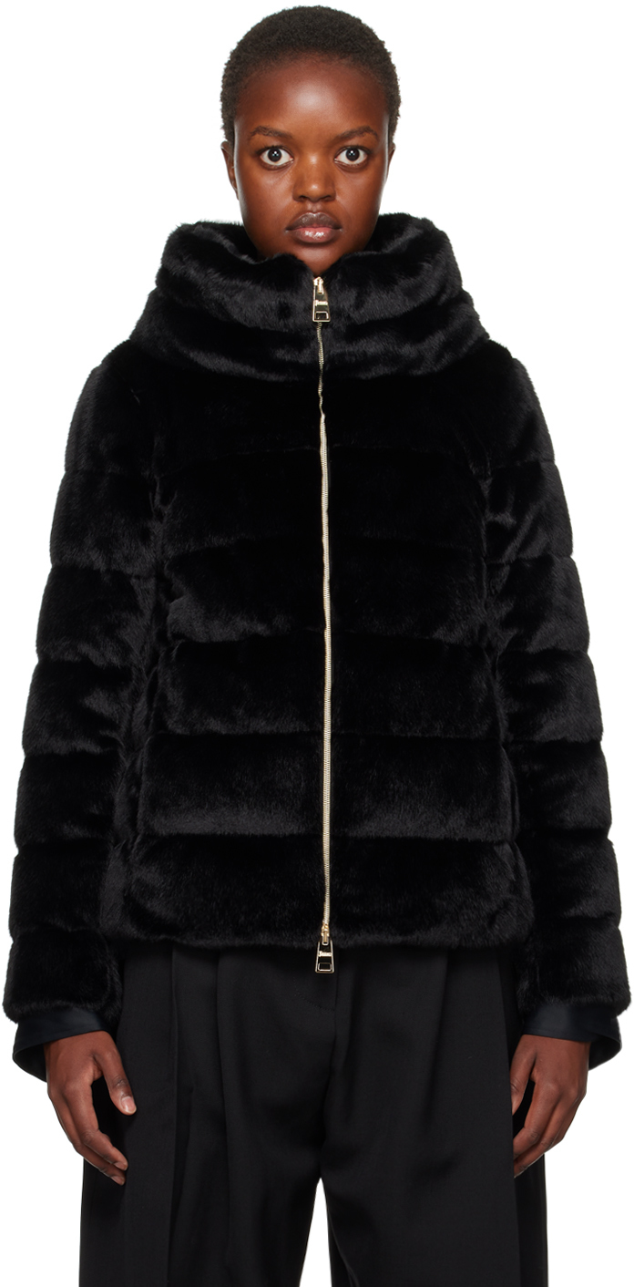 Black Quilted Faux-Fur Down Jacket