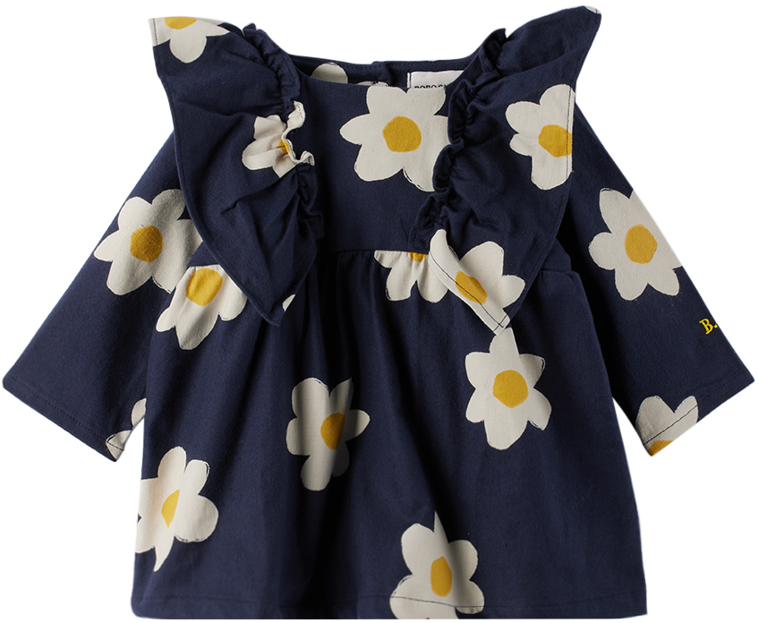 Bobo Choses Baby Navy Big Flower All Over Dress In Navy White Yellow