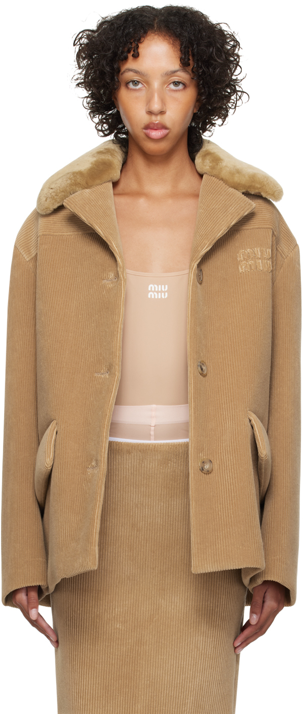 Miu Miu: Tan Embroidered Jacket | SSENSE Canada