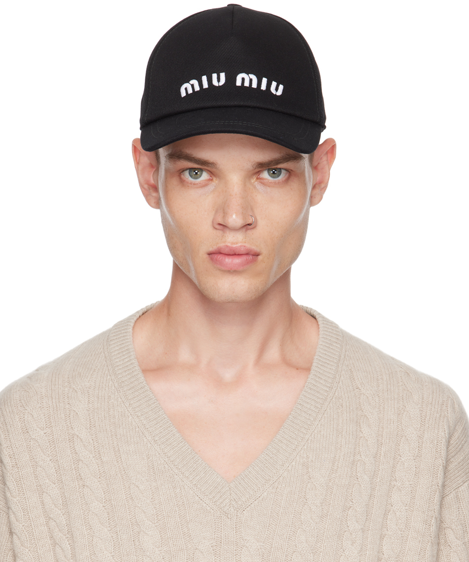 Miu Miu: Black Embroidered Cap | SSENSE UK
