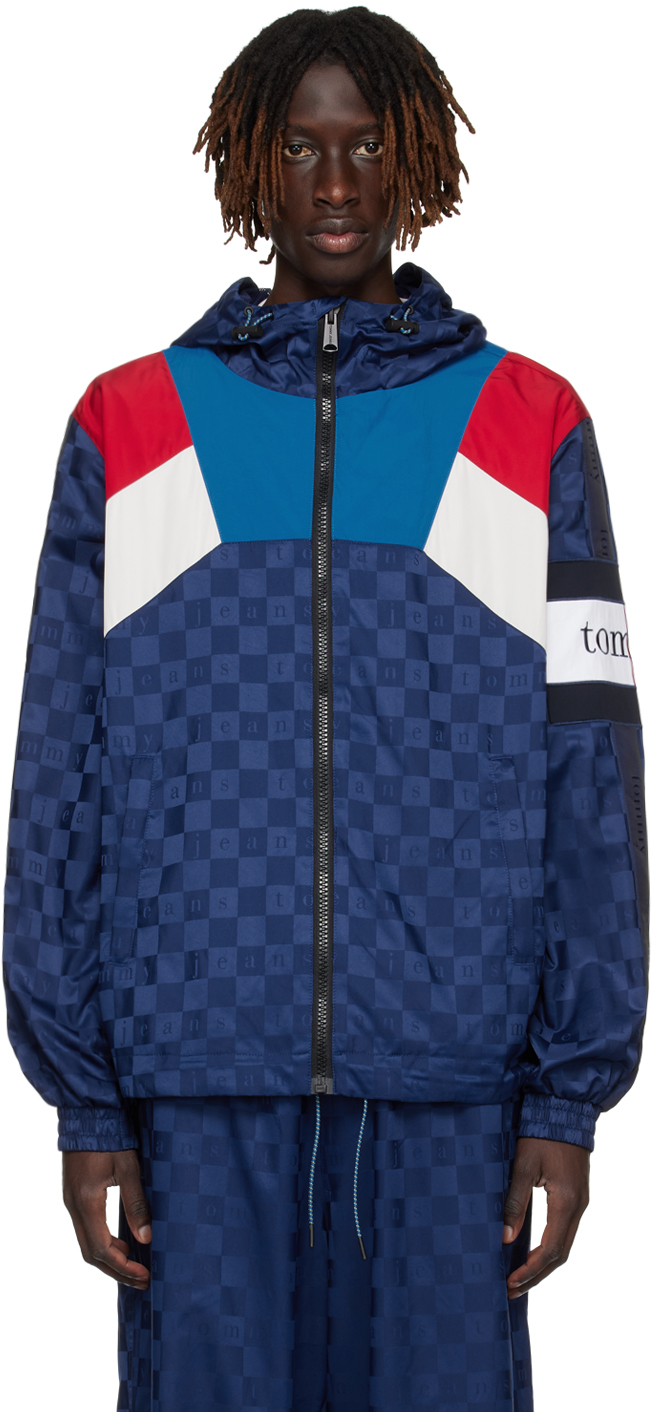 Navy Checkerboard Track Jacket by Tommy Jeans on Sale
