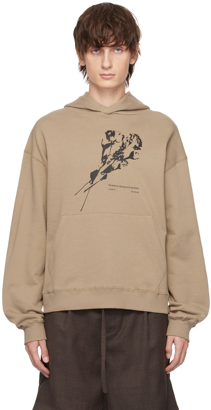 The World Is Your Oyster Tan Printed Hoodie In Khaki