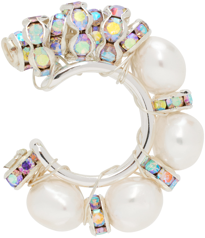 Pearl Octopuss.y Silver & White Pearl Diamond Single Ear Cuff In Crystal/pearl