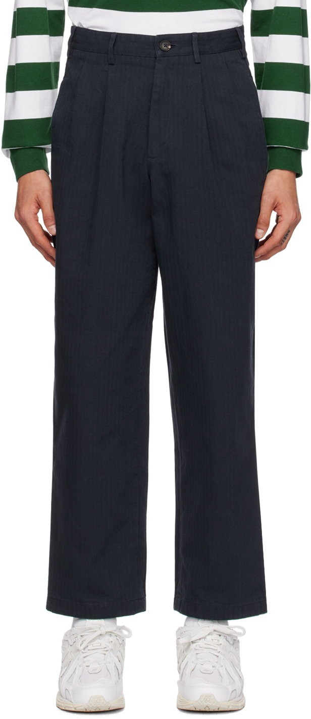 Noah Navy Double Pleat Trousers | ModeSens