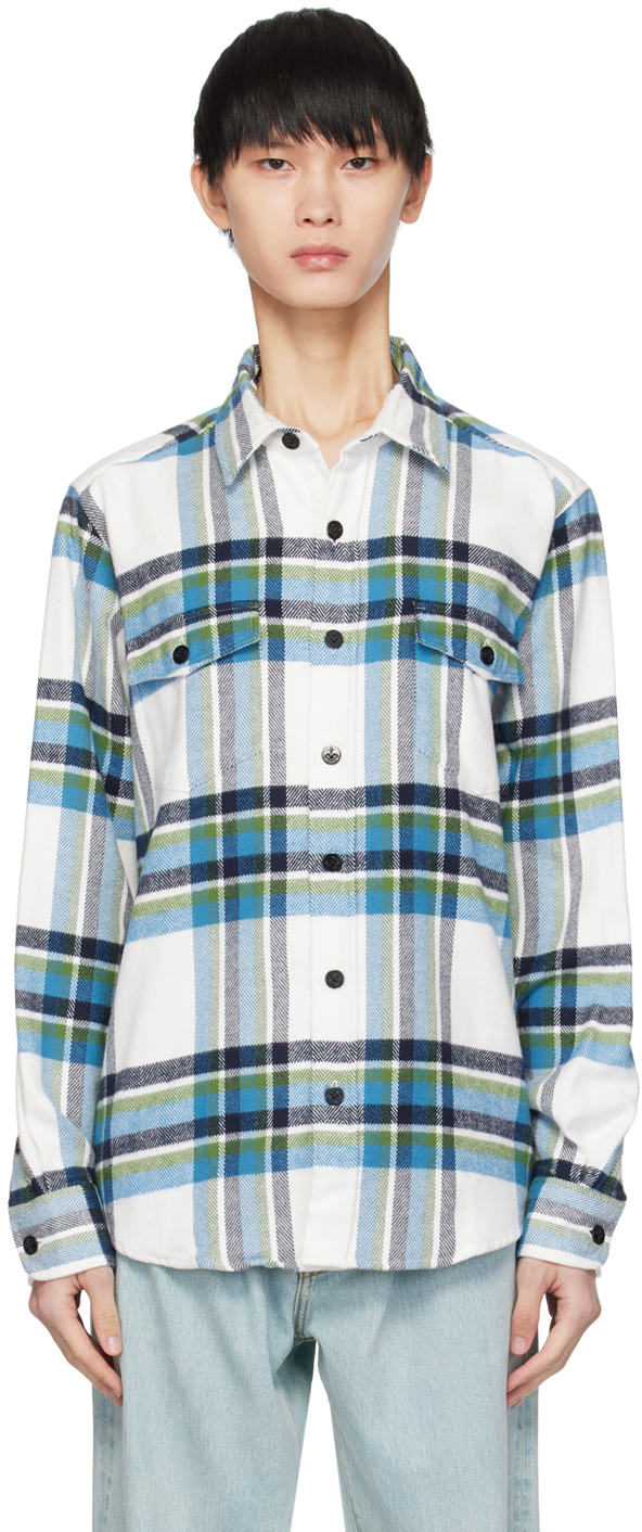 Noah White & Blue Herringbone Shirt In White/navy/blue/gree