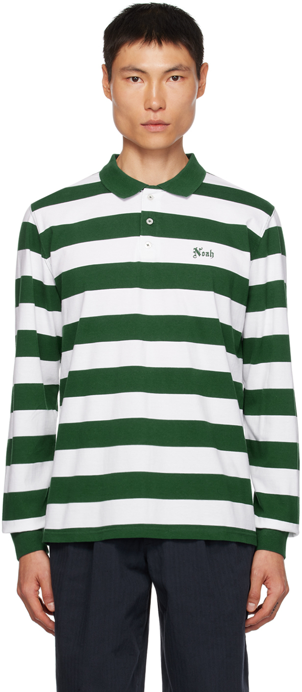 Green & White Striped Long Sleeve Polo