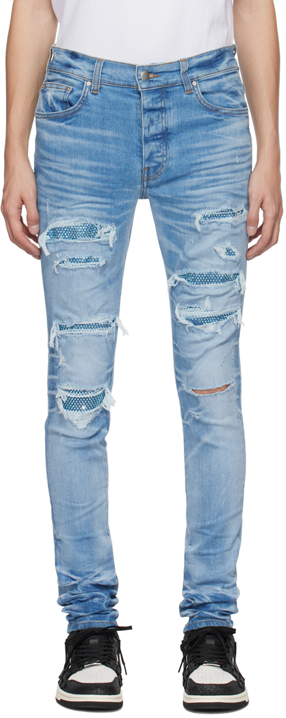Shop Amiri Blue Crystal Thrasher Jeans In Faded Indigo