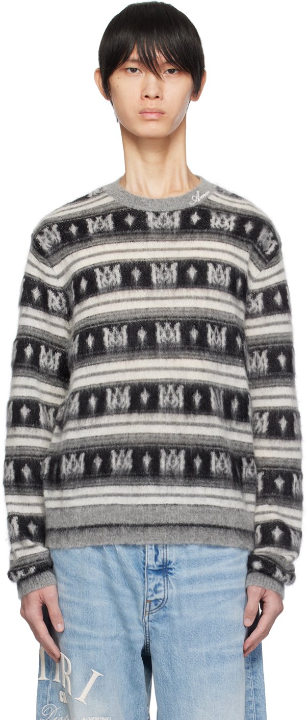 Amiri Men's Ma Monogram Striped Sweater In Grey