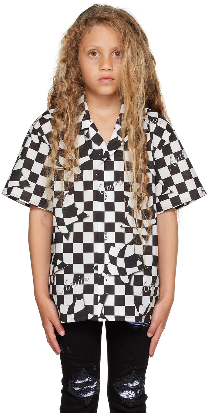 Amiri Kids Black & White Checkered Shirt In Black-silk Twill