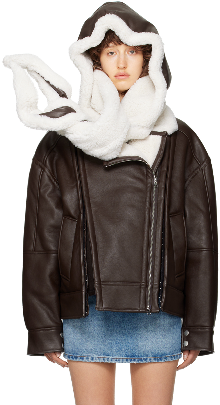 Y/PROJECT BROWN & OFF-WHITE WIRED FAUX-LEATHER HOOD