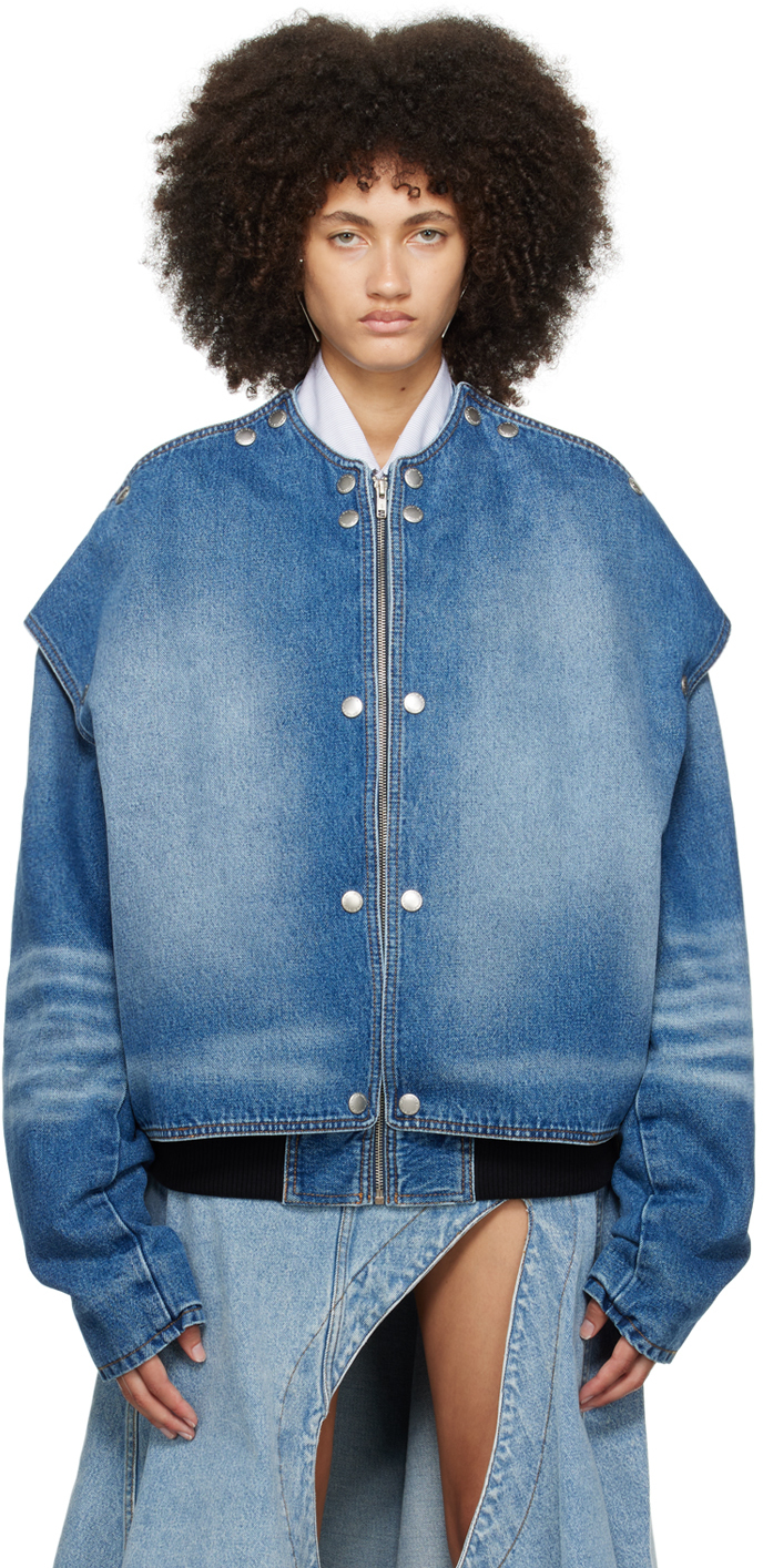 Shop Y/project Blue Snap Off Denim Bomber Jacket In Whiskers Mid Blue