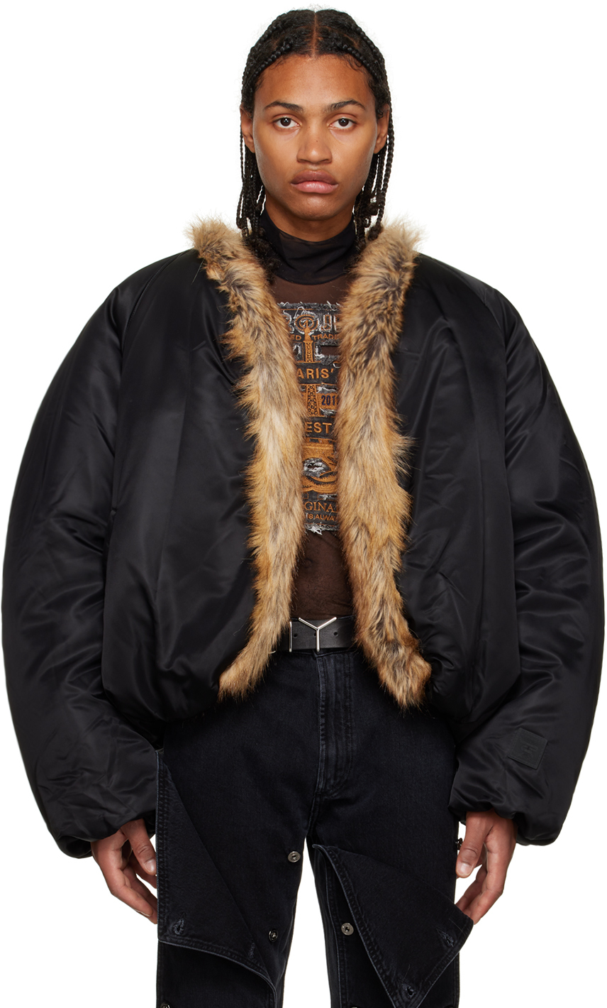 Y/Project Black Shawl Faux-Fur Jacket