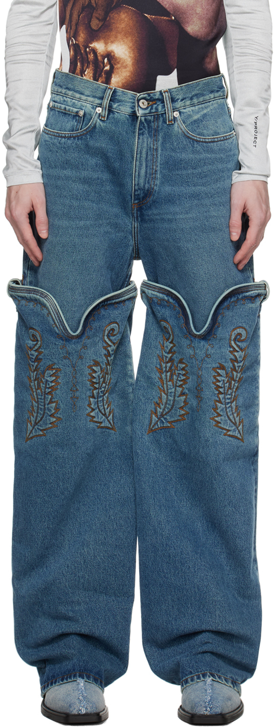 Y/project Cowboy High Cuff Jeans In Blue