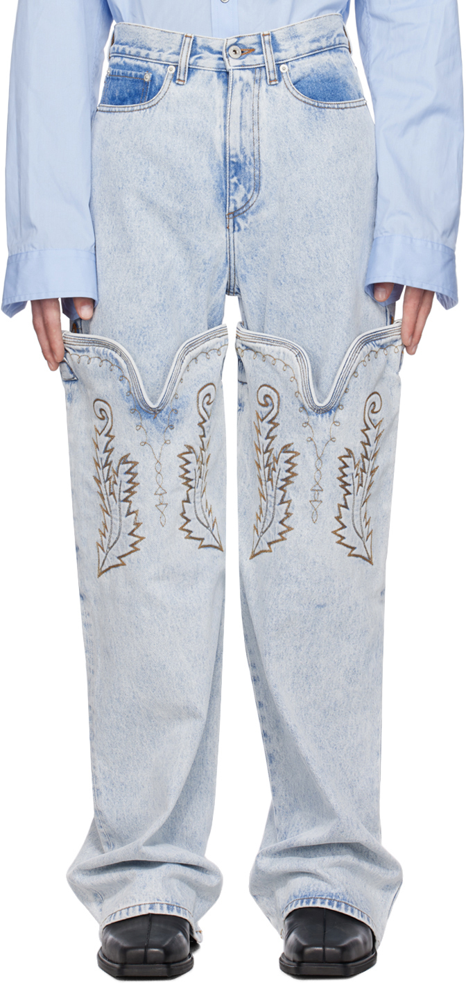 SSENSE Exclusive Blue Maxi Cowboy Cuff Jeans by Y/Project on Sale
