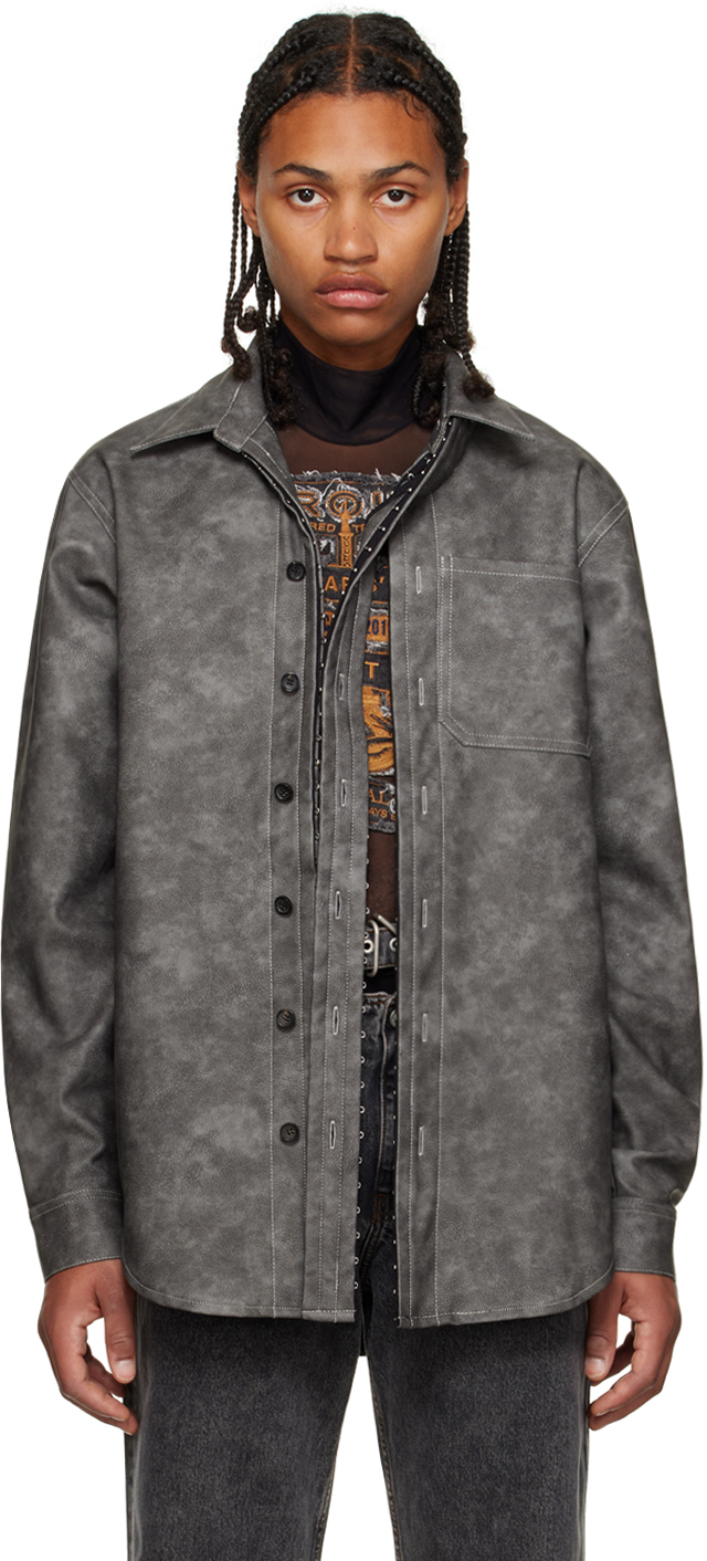 Y/project Gray Hook-eye Faux-leather Shirt In Grey