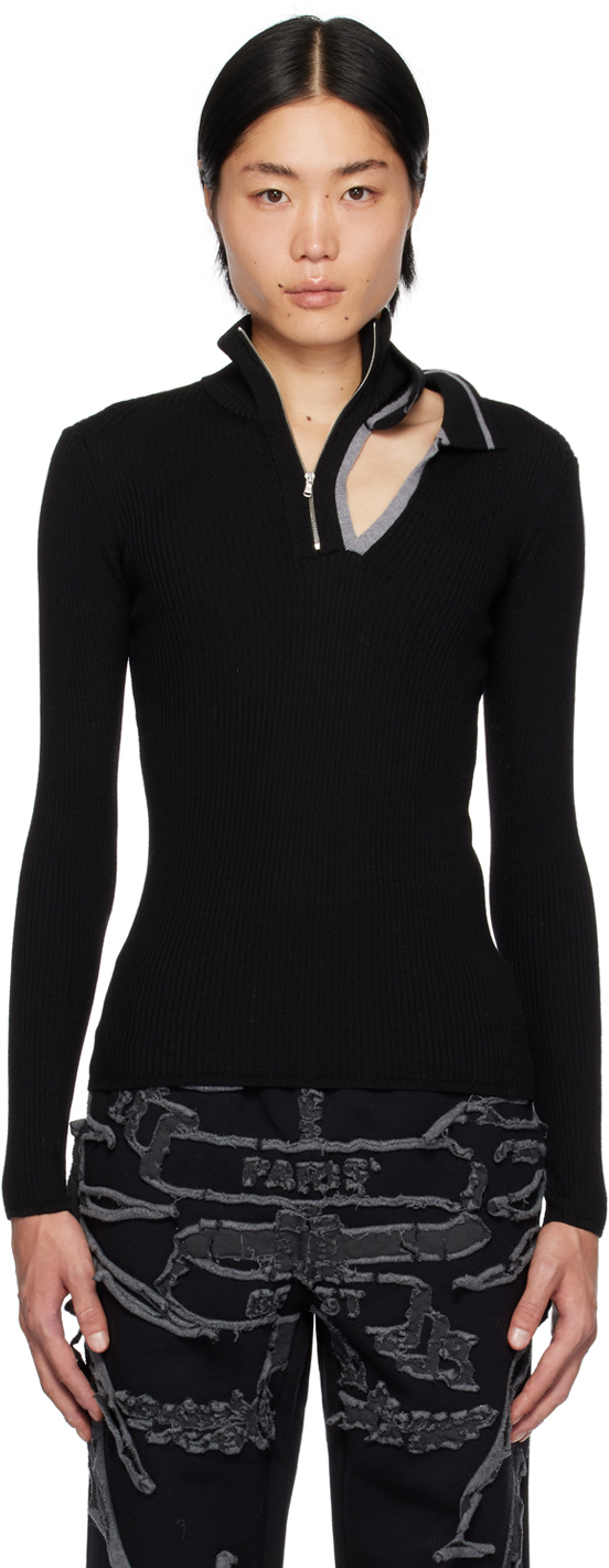Black & Gray Double Collar Fitted Sweater
