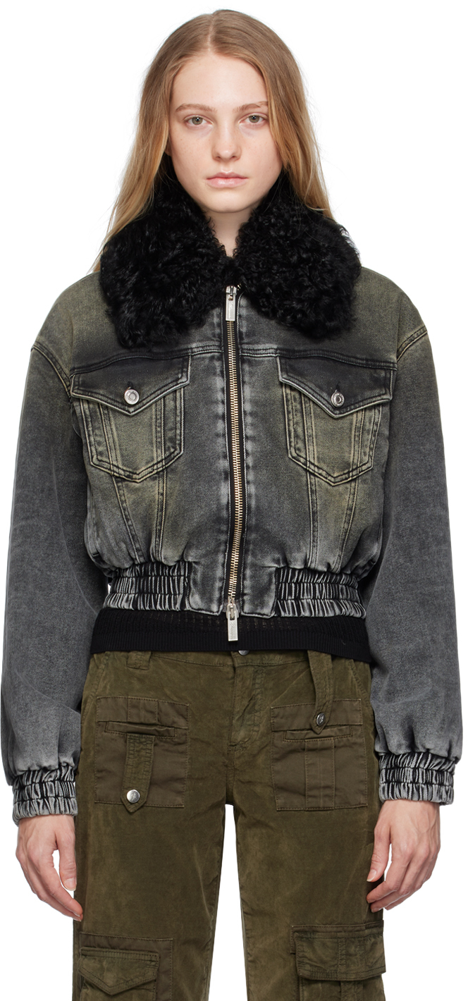 Shop Blumarine Gray Padded Denim Bomber Jacket In C9859 Dark Shadow/ne