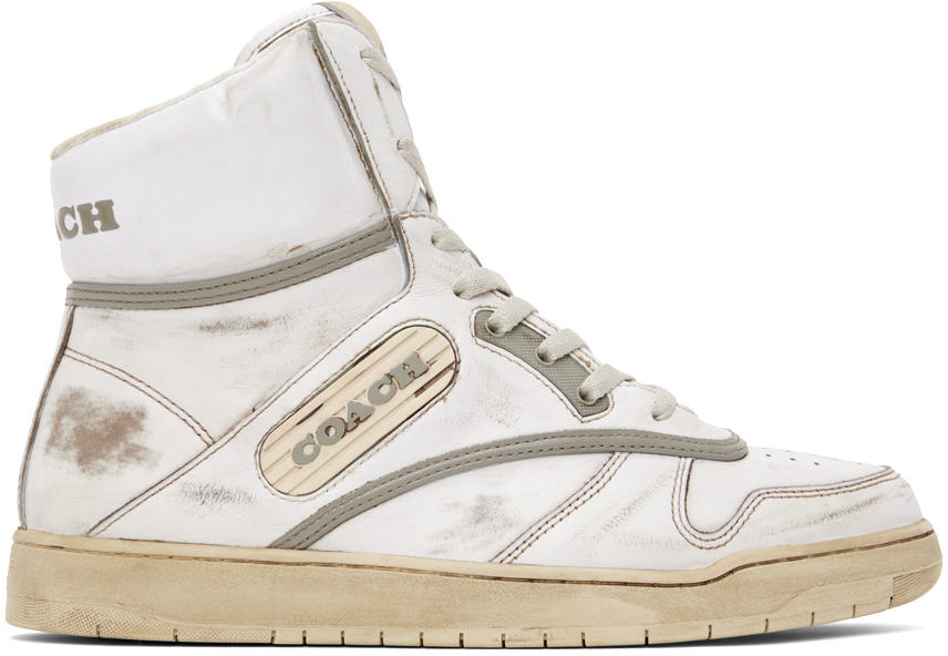 Coach White Distressed Sneakers In White/dove Grey