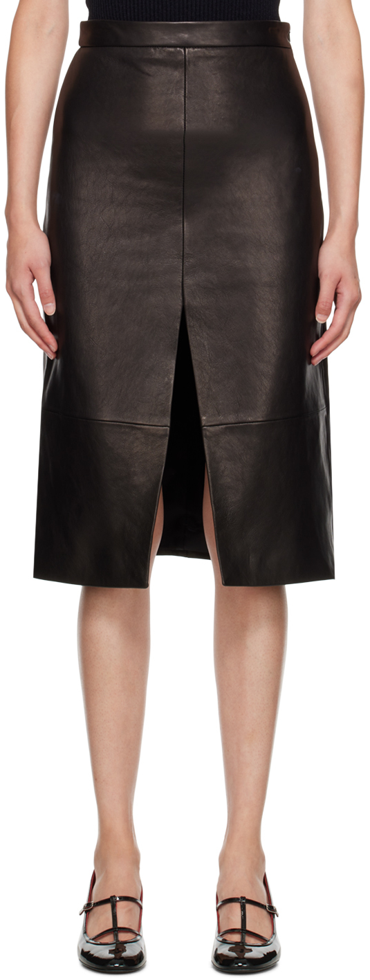 Shop Khaite Brown 'the Fraser' Leather Midi Skirt In 200 Black