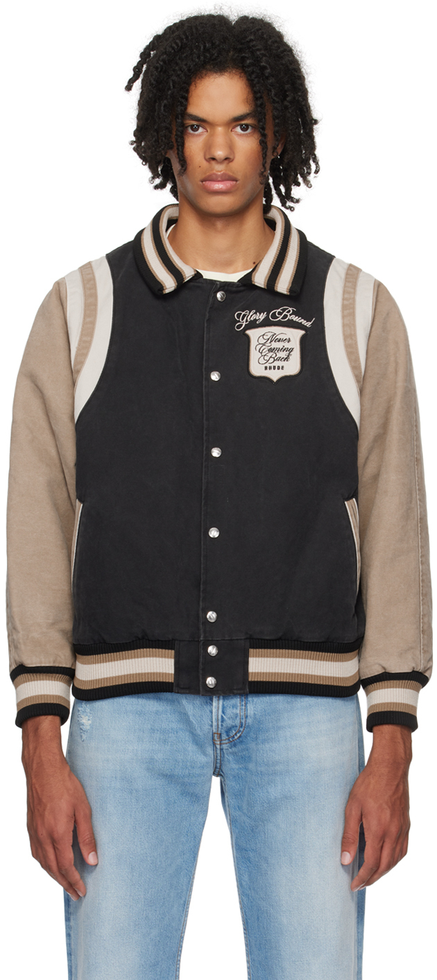 Rhude Logo-embroidered Canvas Bomber Jacket In Black/khaki/elephant