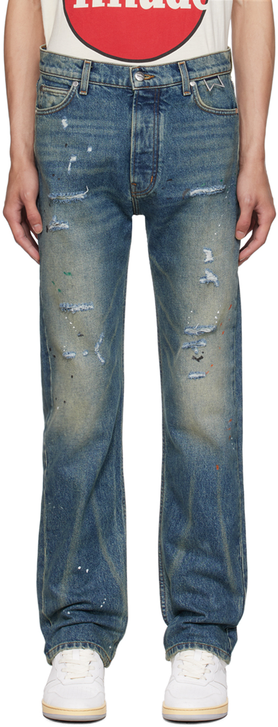 Rhude Indigo Distressed Jeans In Blue