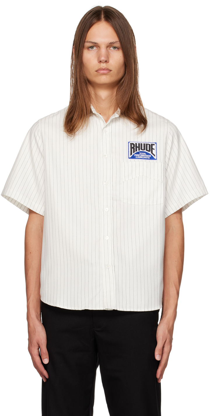 Rhude Men's Twill Striped Mechanic Shirt - White Black - Size Large