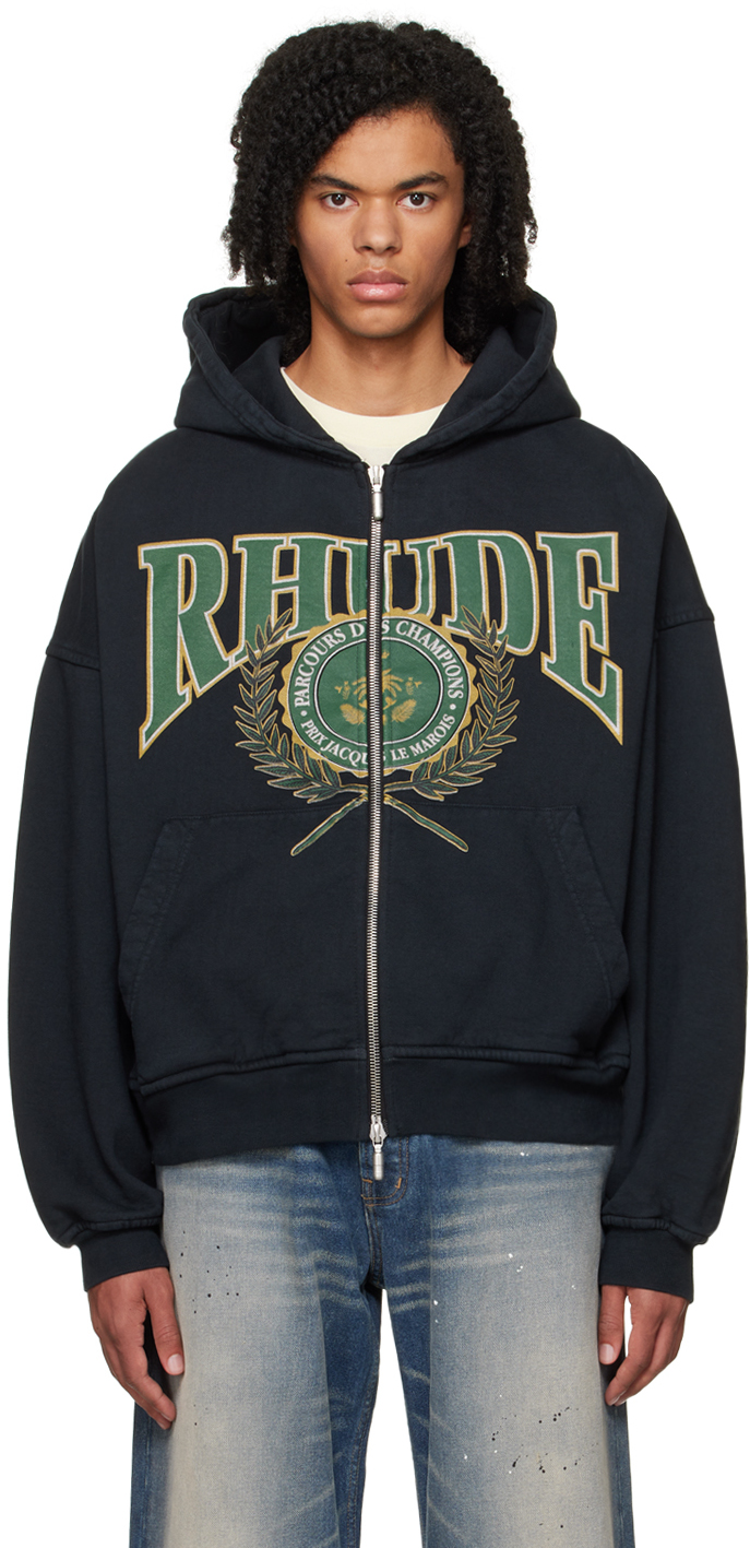 Rhude Logo-print Cotton-jersey Zip-up Hoodie In Vtg Black