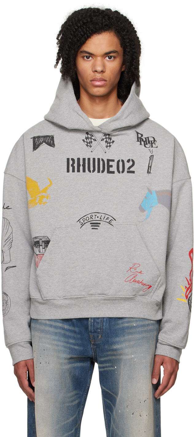 Rhude Logo Printed Cotton Hoodie In Grey