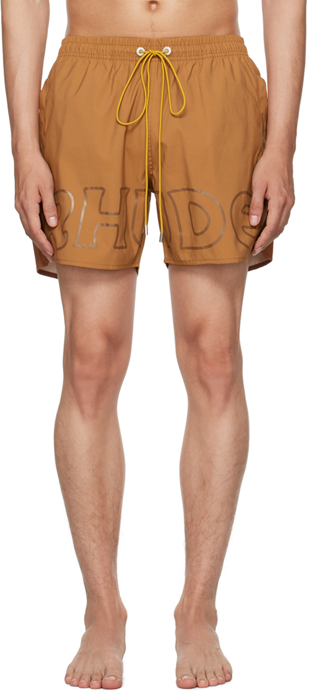 Shop Rhude Tan Printed Swim Shorts In Camel
