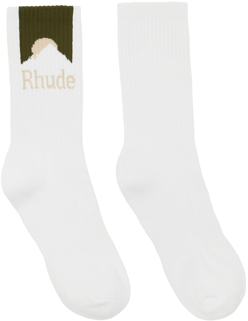 Rhude White & Green Mountain Logo Socks