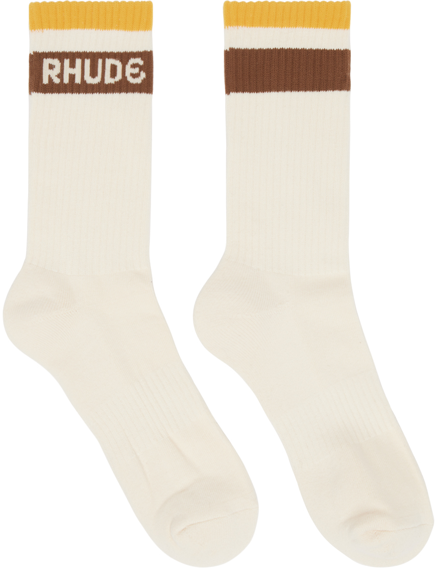 Rhude Off-white Stripe Socks In Creme/mustard/broiwn