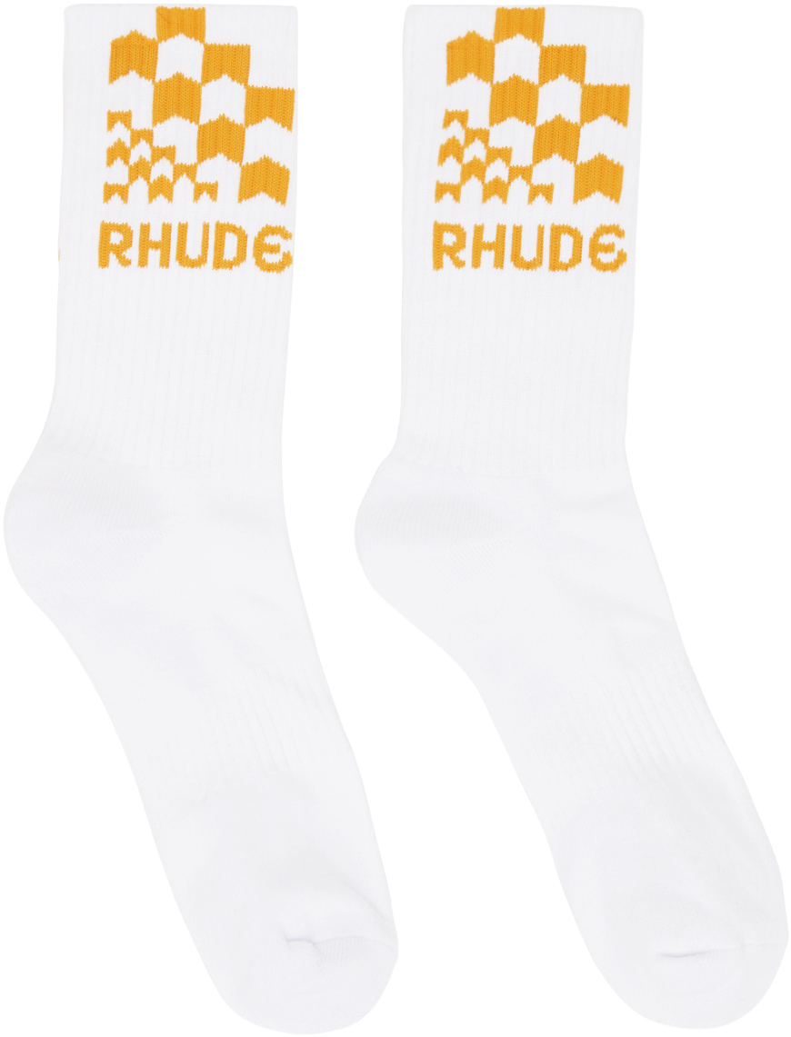 Rhude White & Yellow Racing Check Socks In White/mustard