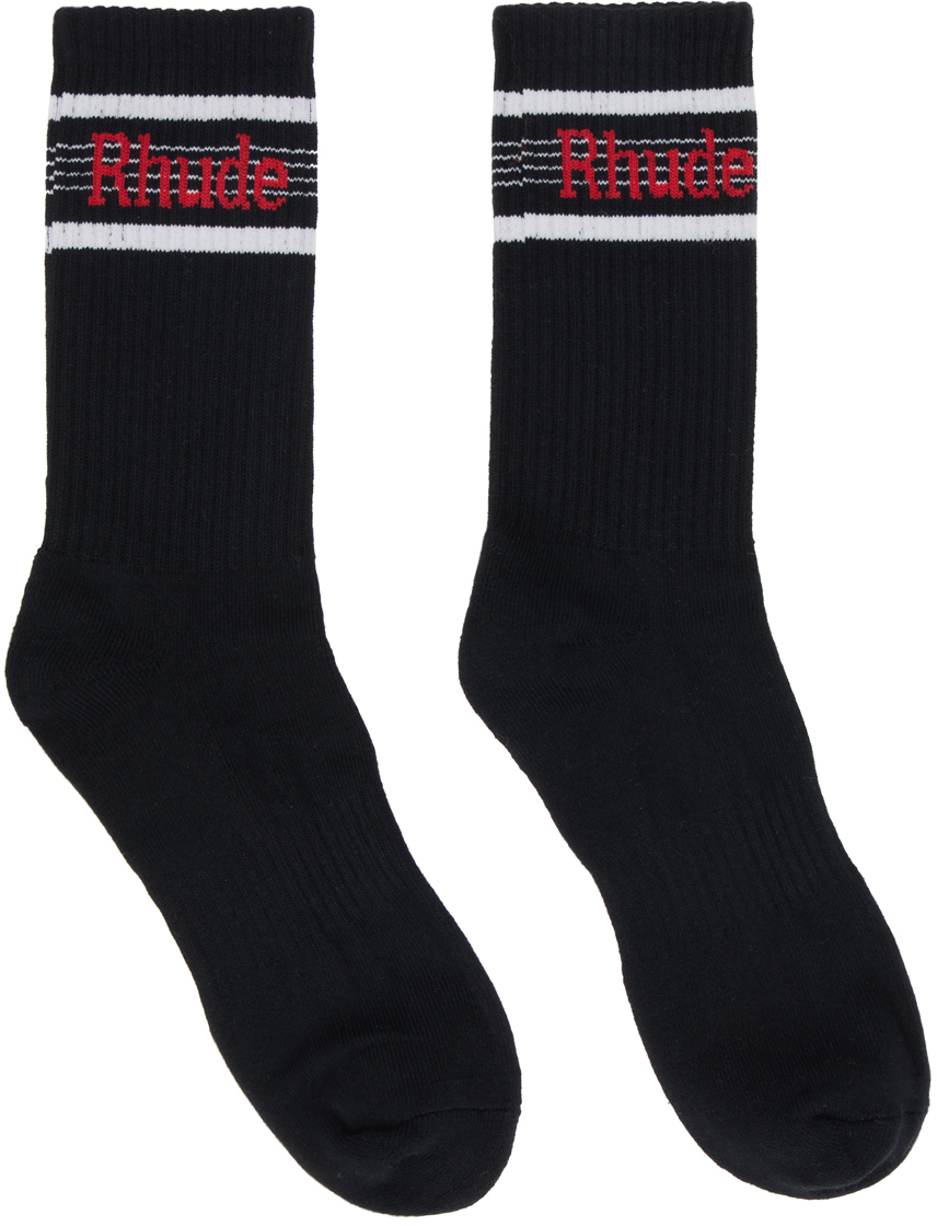 Rhude Black Speed Stripe Socks In Black/white/red