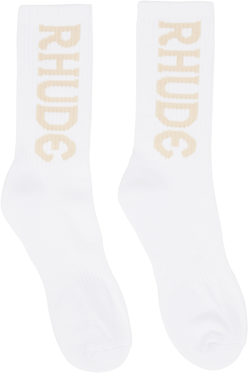 Rhude Racing Cotton Blend Ribbed Socks In White