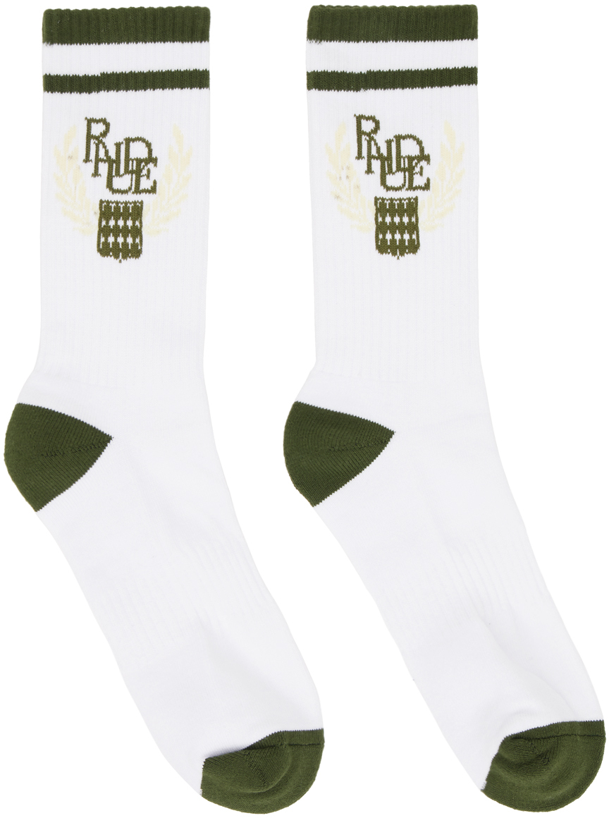 Rhude White & Khaki Crest Socks In White/olive