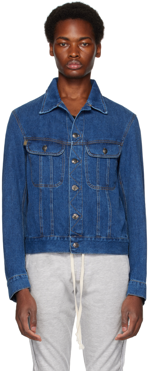 Blue Paneled Denim Jacket by Greg Lauren on Sale