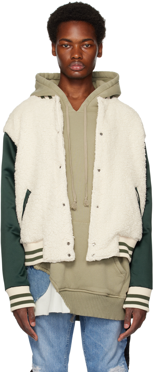 Shop Greg Lauren White & Green Varsity Jacket In Ivory