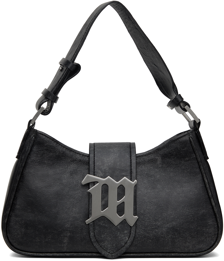 Shop Misbhv Gray Medium Cracked Leather Shoulder Bag In Cracked Black