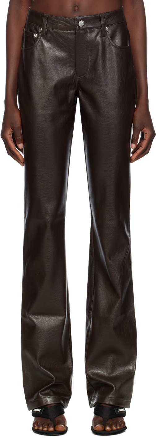 Brown Straight Fit Faux-Leather Trousers by MISBHV on Sale