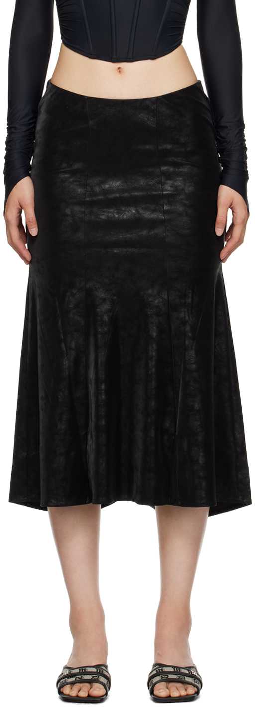 Black Flared Faux-Leather Midi Skirt