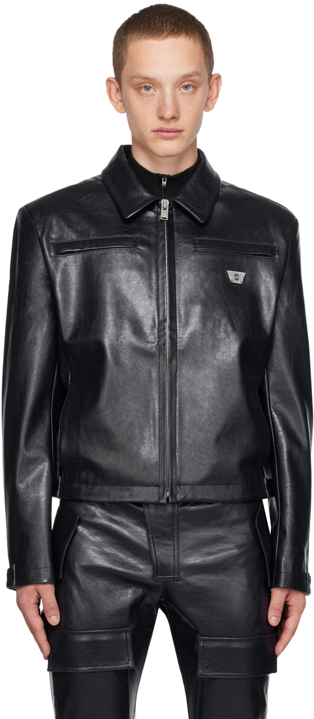 MISBHV Navy Zip Faux-Leather Jacket