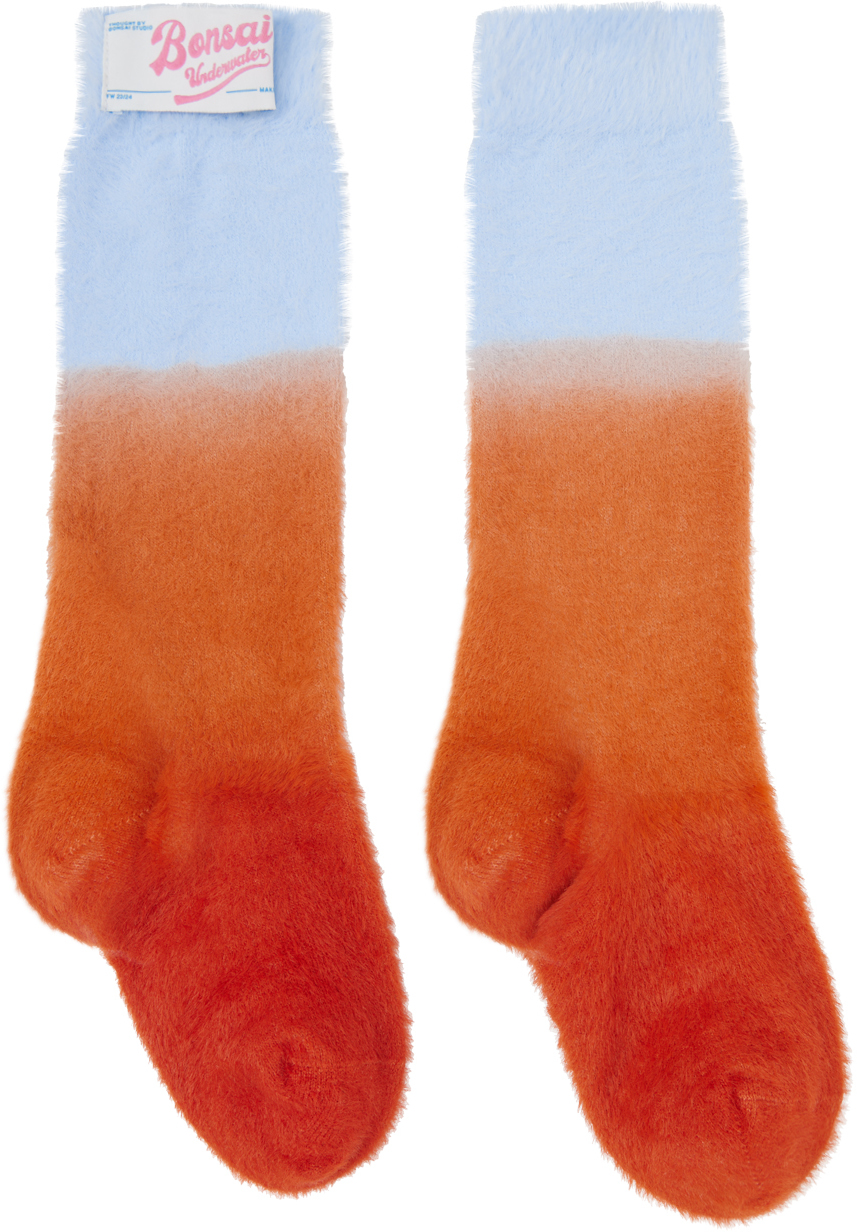 Bonsai Blue & Orange Fluffy Socks In Sunset Sunset