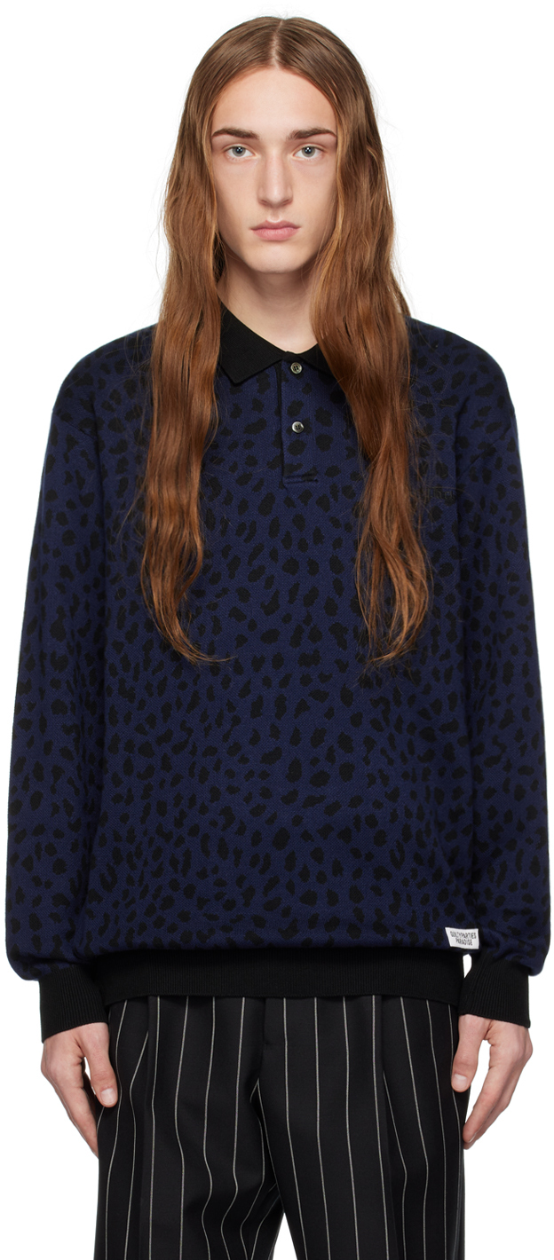 WACKO MARIA: Navy Leopard Polo | SSENSE