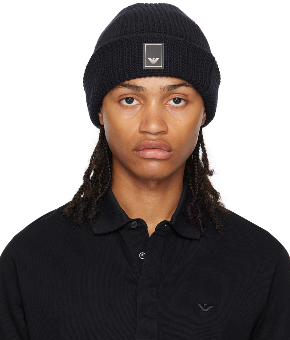 Emporio Armani Navy Ribbed Beanie In Blue