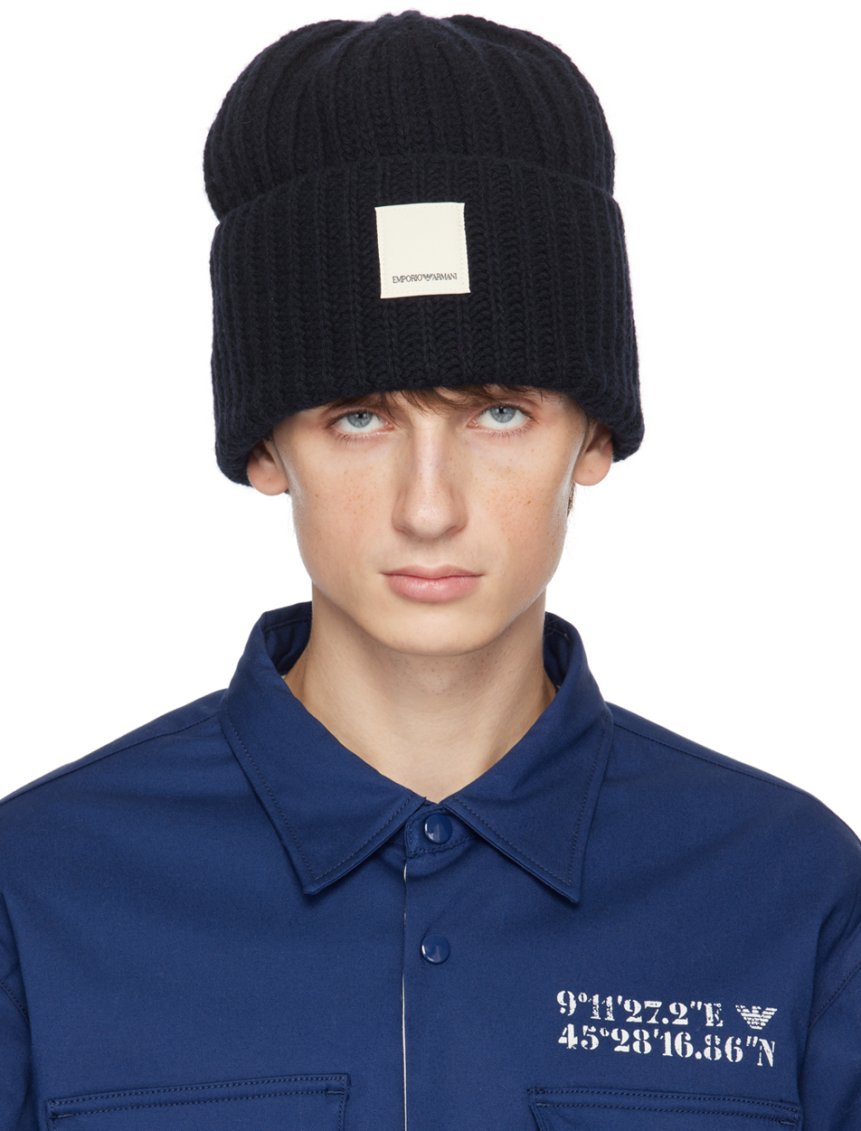 Shop Emporio Armani Navy Patch Beanie In Blu Navy